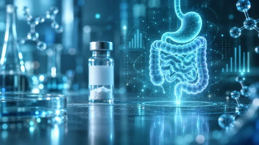 A glowing blue holographic digestive tract stands beside a blank-label vial of white powder on a laboratory bench, with bar-chart graphics and abstract molecule models in the blurred background.