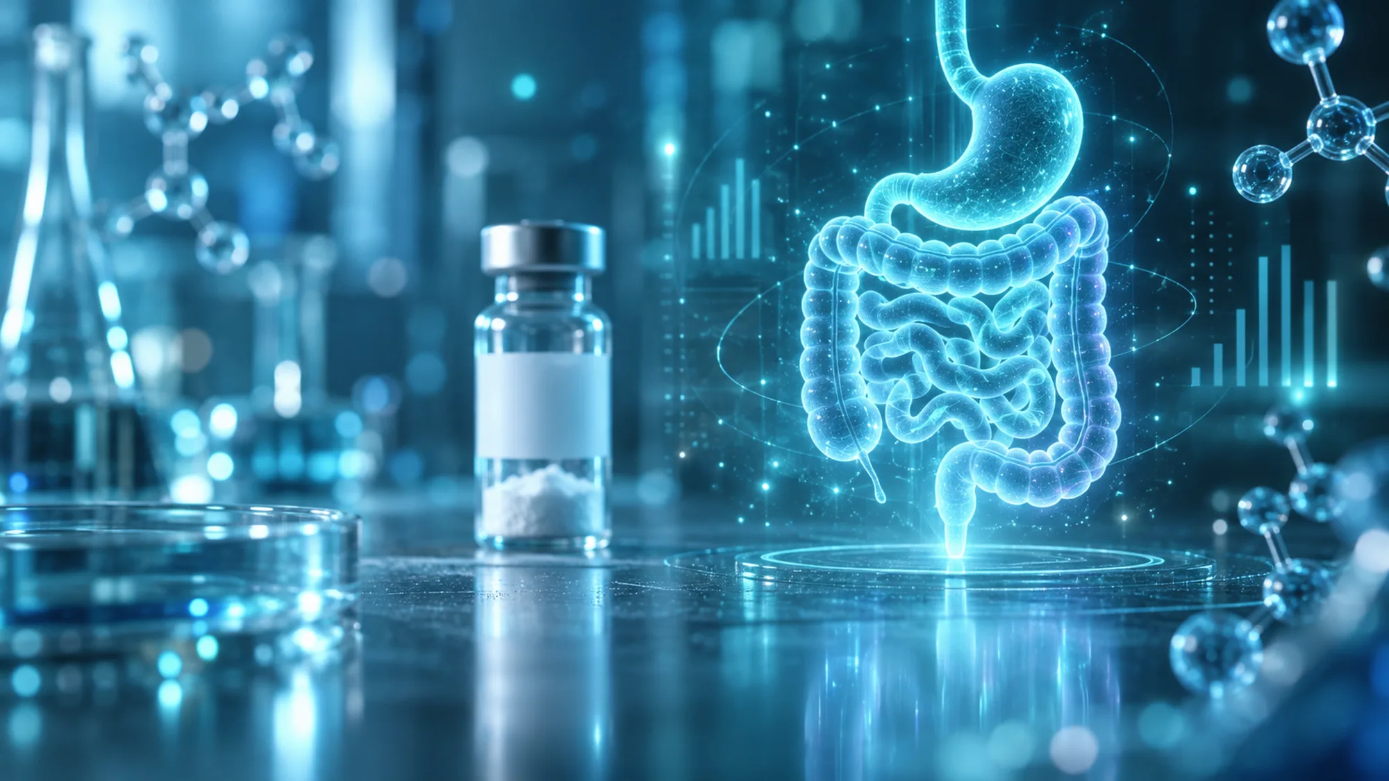 A glowing blue holographic digestive tract stands beside a blank-label vial of white powder on a laboratory bench, with bar-chart graphics and abstract molecule models in the blurred background.