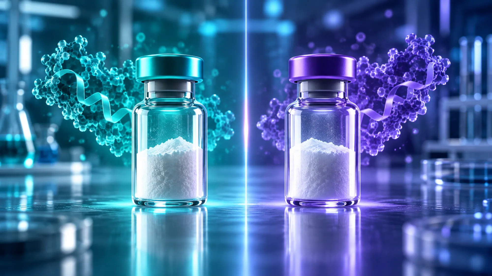 Two unlabeled glass vials of white powder, one with a teal cap and one with a violet cap, stand side by side in a blue laboratory, each in front of its own abstract shape and separated by a thin vertical line of light.