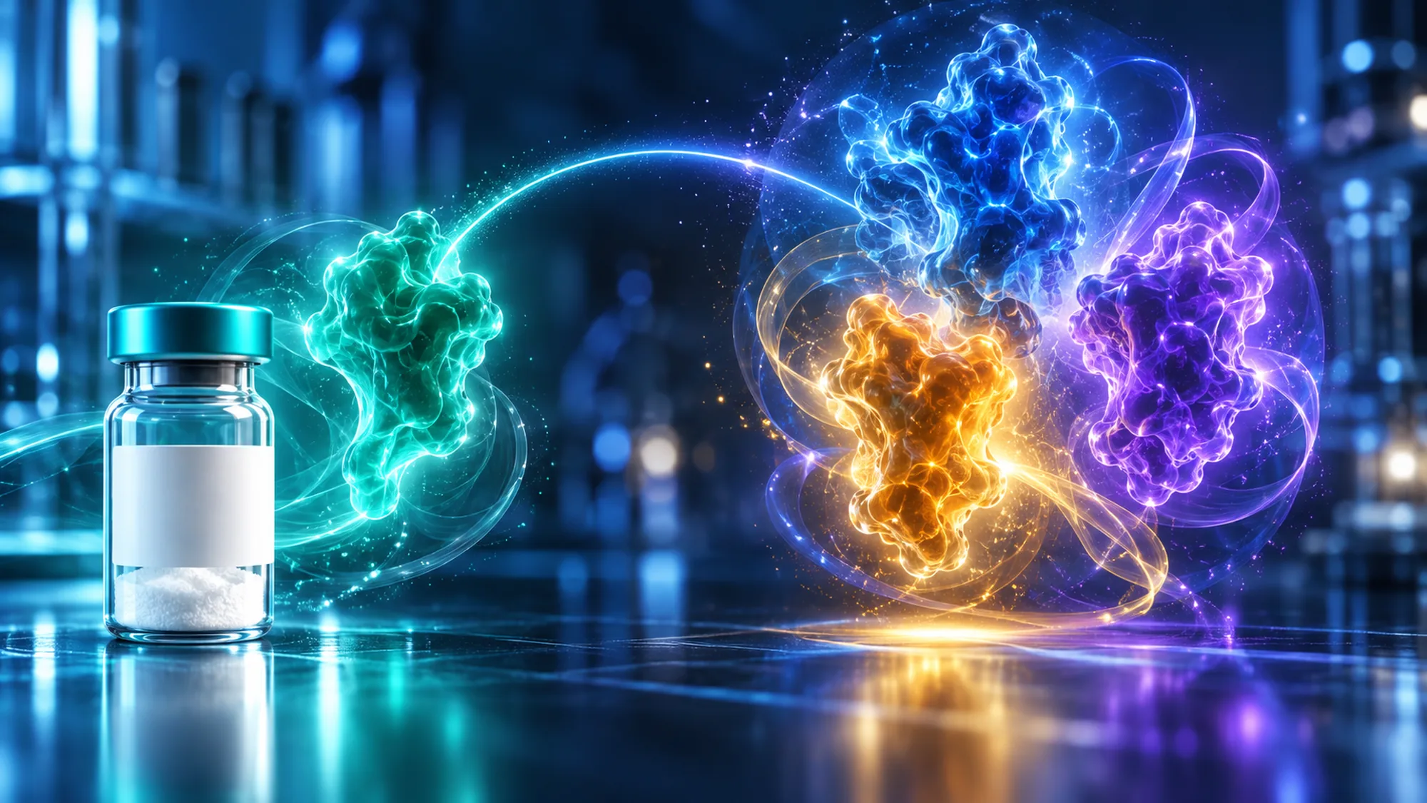 A single blank-label vial with a teal cap stands on the left beside one glowing teal abstract shape, while three larger glowing blue, gold and violet abstract shapes swirl together on the right, joined by an arc of light in a dark blue laboratory.