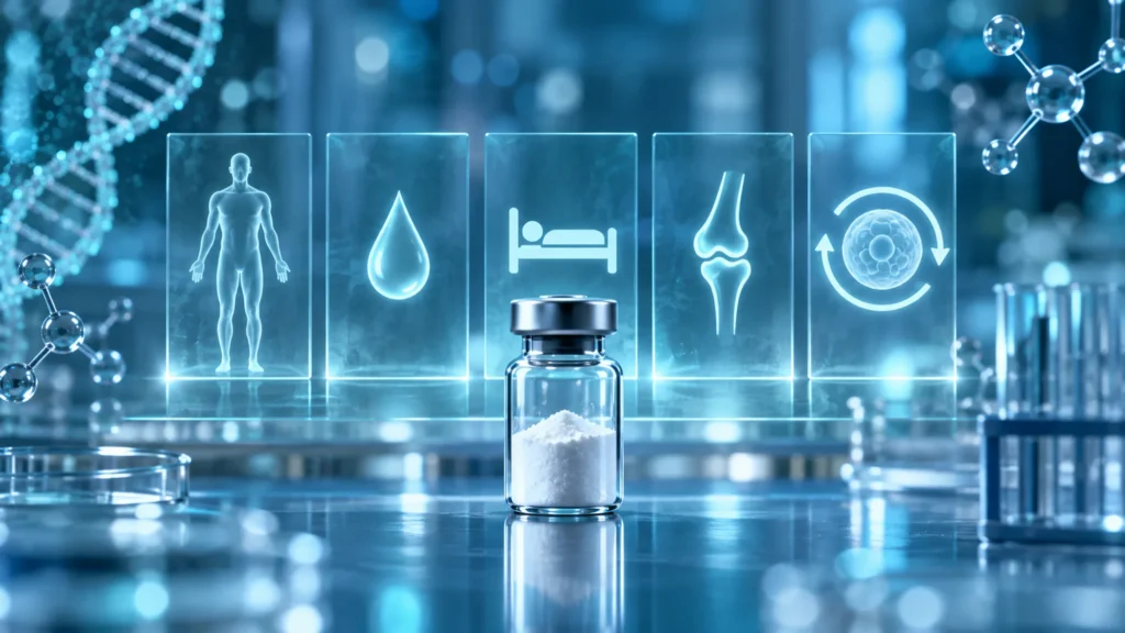 An unlabeled vial of white powder stands in front of five translucent glass panels with simple glowing icons: a human figure, a water droplet, a bed, a knee joint and a cell inside a circular arrow.