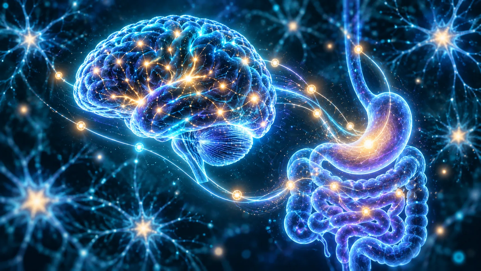 A glowing blue brain is linked by thin lines of light and small golden nodes to a glowing stomach and intestines, against a dark background of branching neurons.