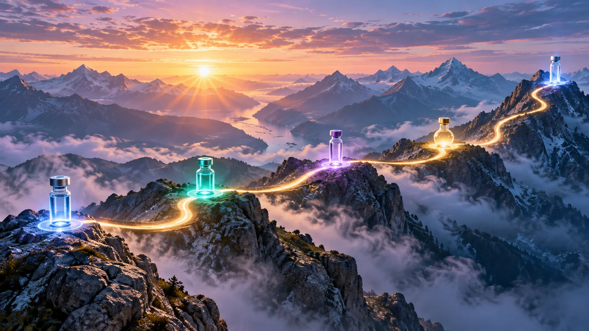 A glowing golden path winds across misty mountain peaks at sunrise, passing five illuminated glass vials and flasks of different colors, one on each peak.