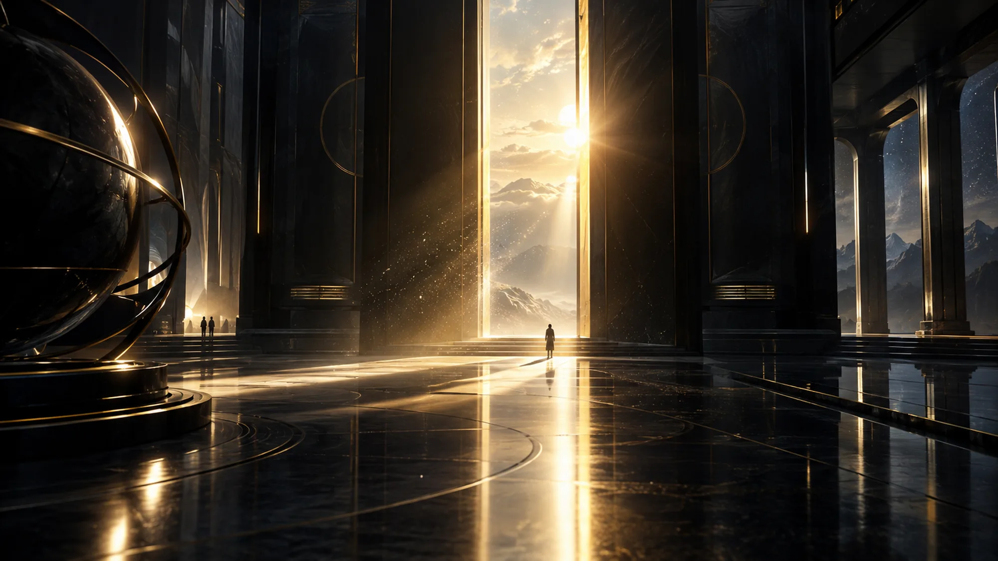 A vast dark architectural hall frames an immense vertical shaft of golden sunlight, reflected on a glossy floor, with a large dark armillary sphere at left and tiny silhouettes in the distance.