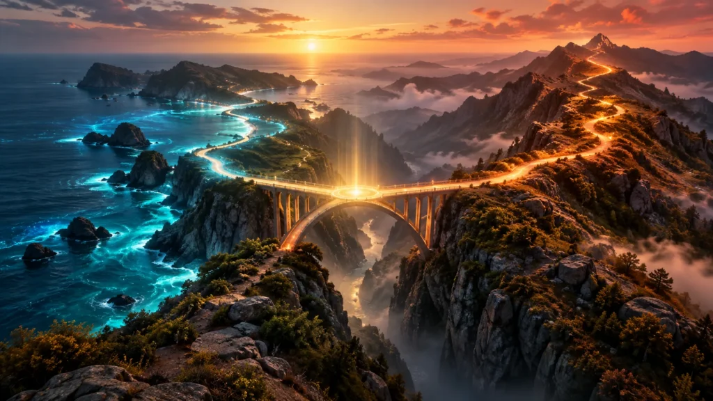 An illuminated bridge spans a coastal canyon between turquoise waters and winding amber mountain paths at sunset.