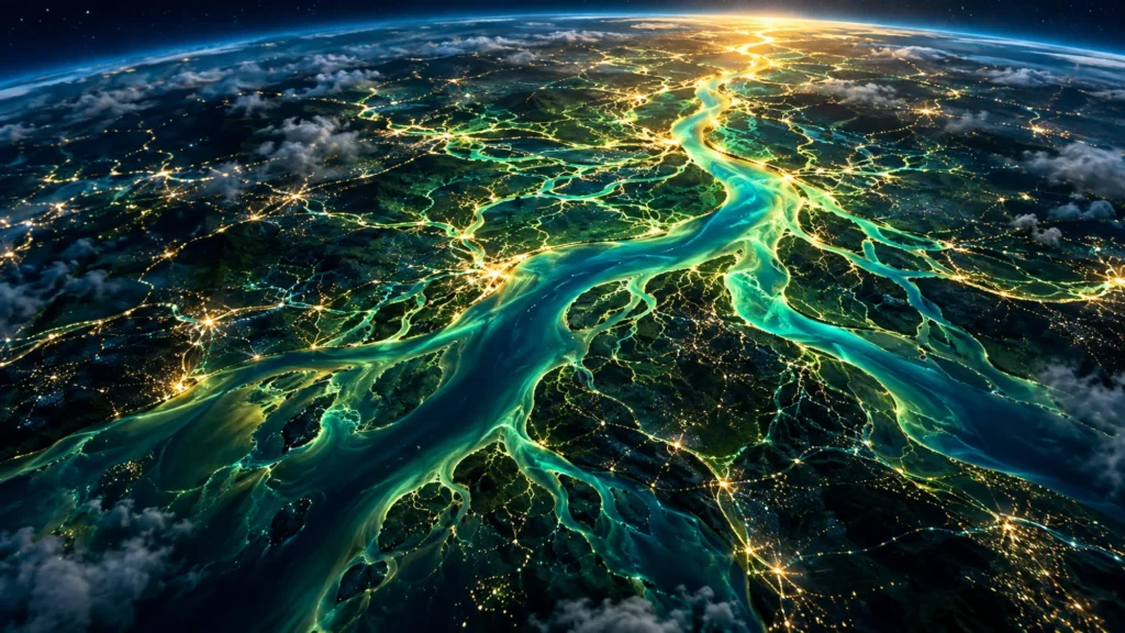 From an orbital viewpoint, luminous turquoise river channels and fine golden tributaries branch across a dark landscape.