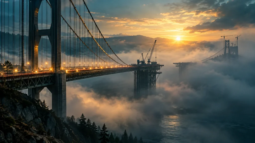 An unfinished suspension bridge extends into a bank of mist, with cranes rising in the distance under a golden sunrise.