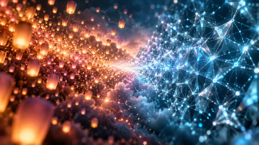 Hundreds of warm glowing lanterns drift through darkness toward a cool blue web of connected points and lines.