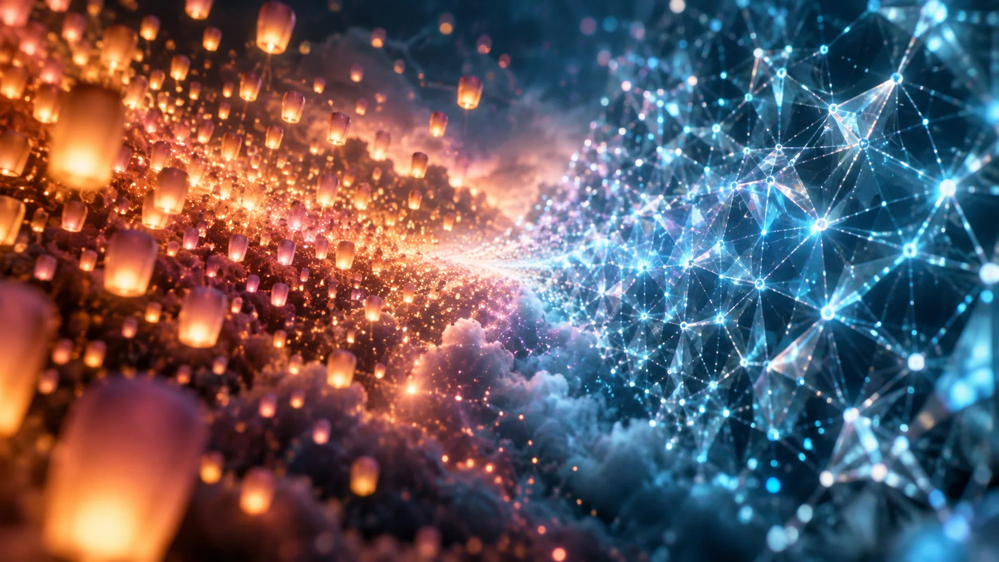 Hundreds of warm glowing lanterns drift through darkness toward a cool blue web of connected points and lines.