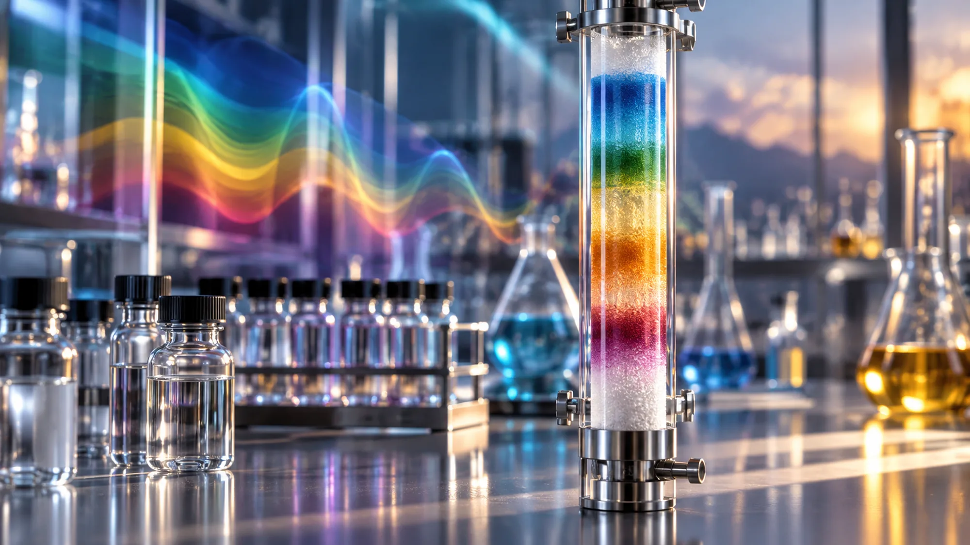 A tall transparent laboratory column contains separate bands of vivid color beside blurred glass bottles and equipment.