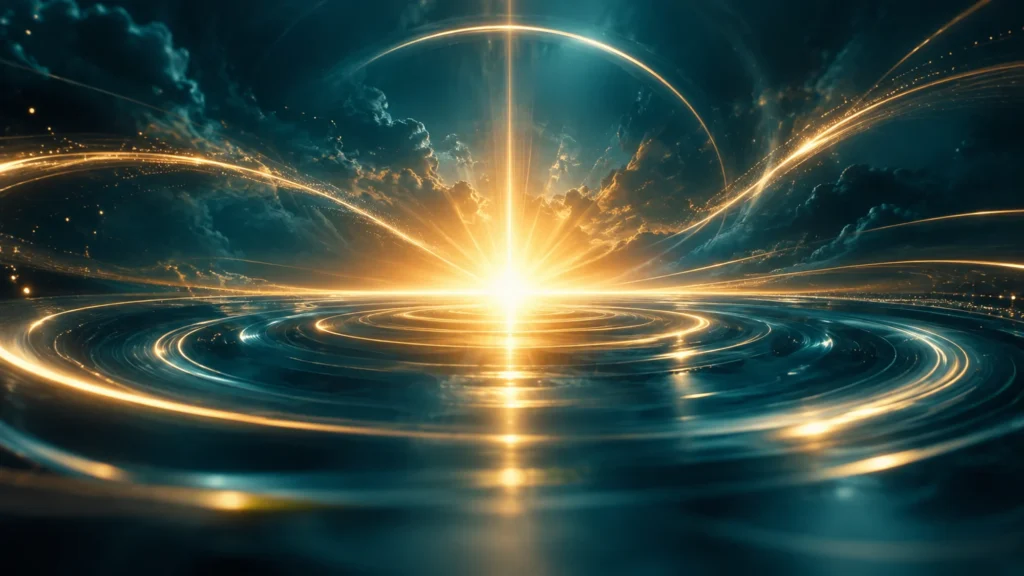 Golden light rises above wide concentric teal rings beneath a dark sky.