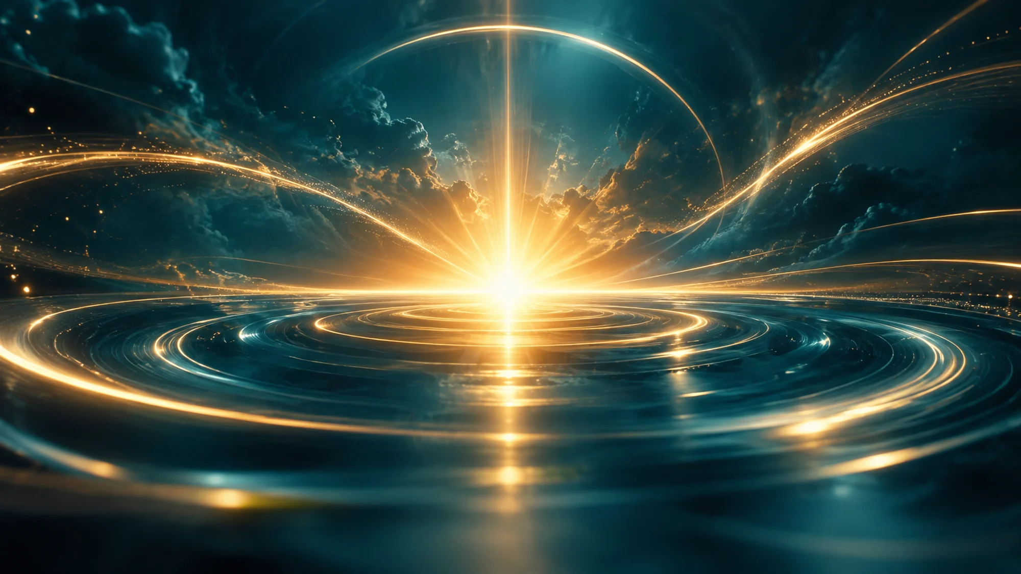 Golden light rises above wide concentric teal rings beneath a dark sky.