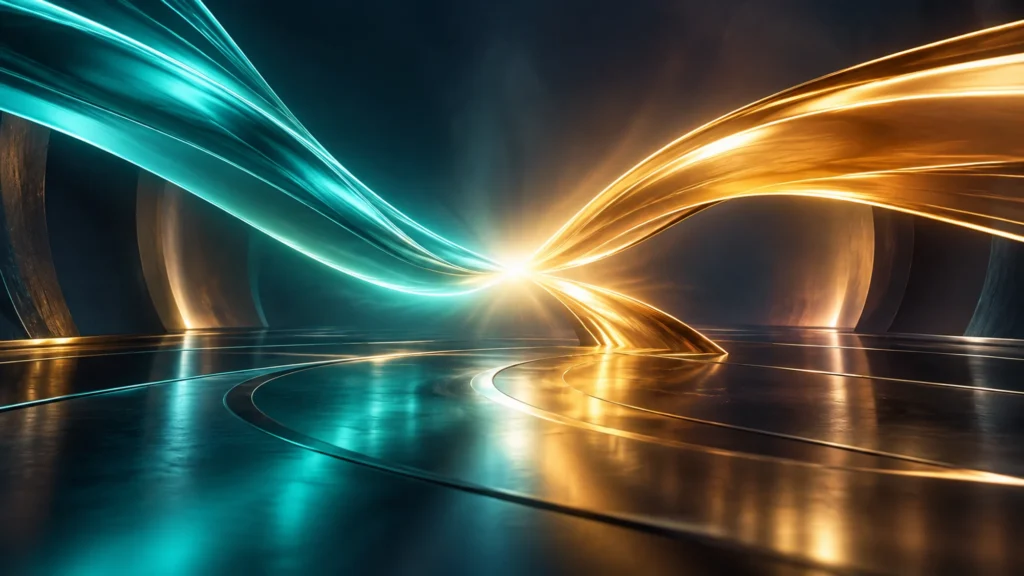 Two sweeping streams of teal and golden light approach one another over a glossy dark surface.