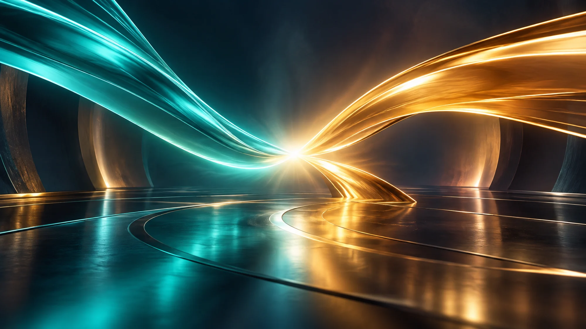 Two sweeping streams of teal and golden light approach one another over a glossy dark surface.