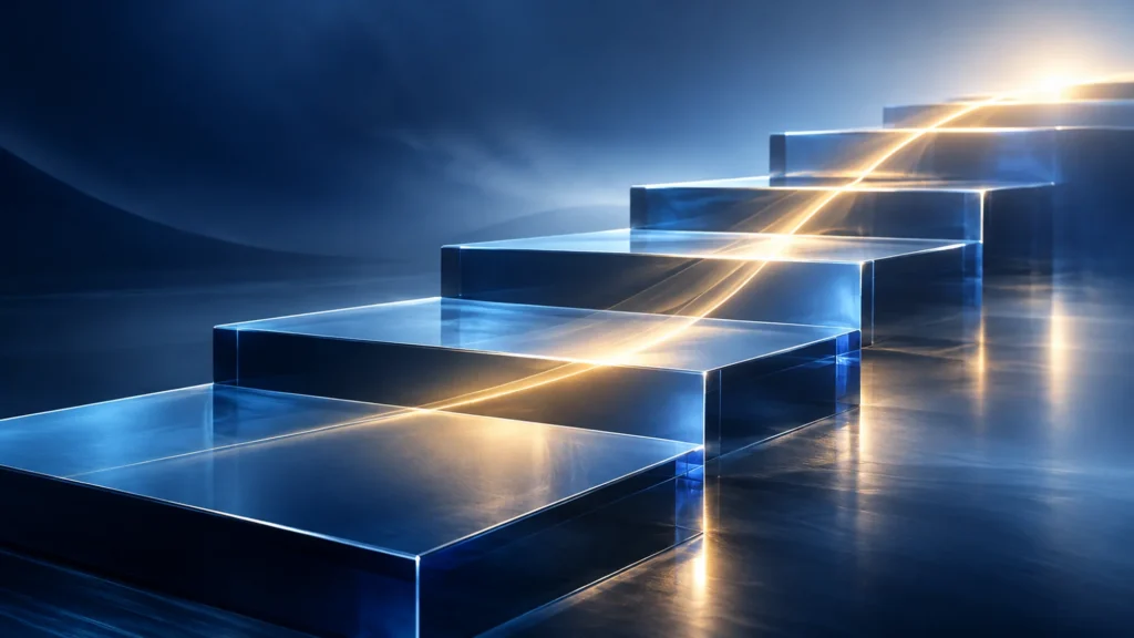 Transparent blue platforms rise diagonally toward a warm light in the distance.