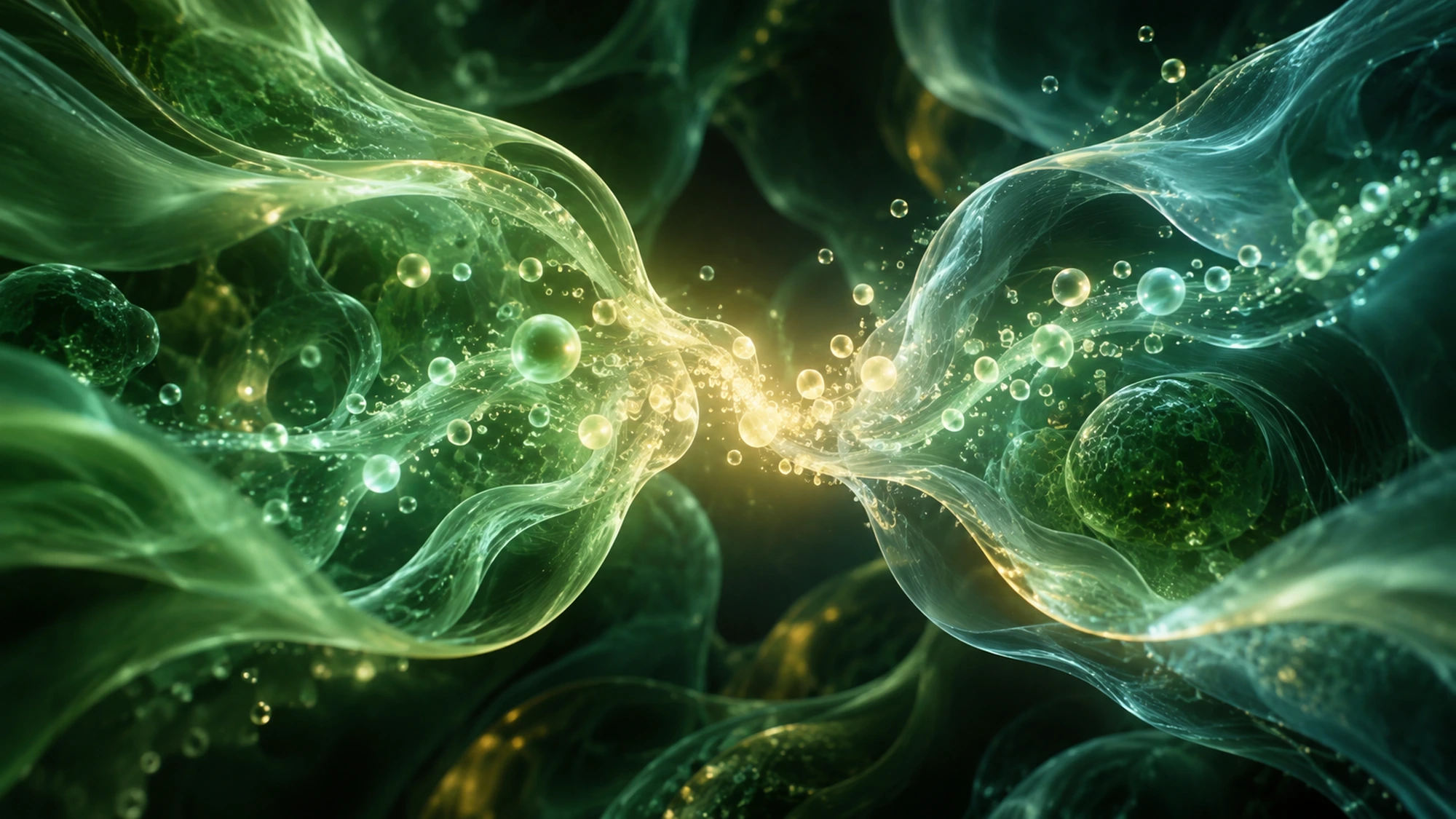Two glowing biomorphic green forms connect through a luminous central current on a dark background.