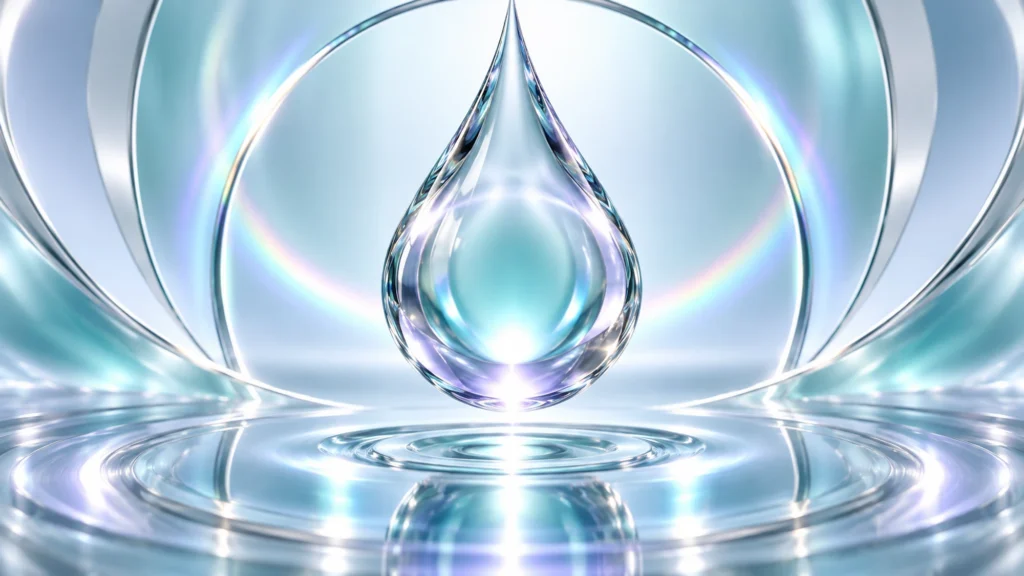 A clear iridescent droplet hovers above luminous concentric ripples on a pale futuristic background.