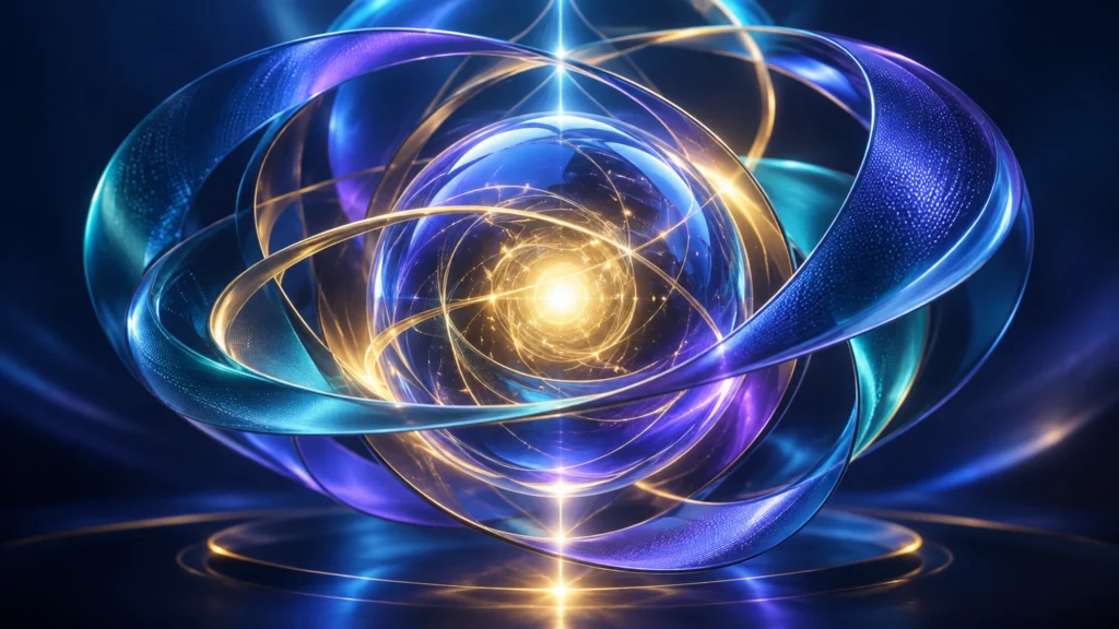 Blue, teal and violet translucent ribbons orbit a bright glowing core in a dark futuristic space.
