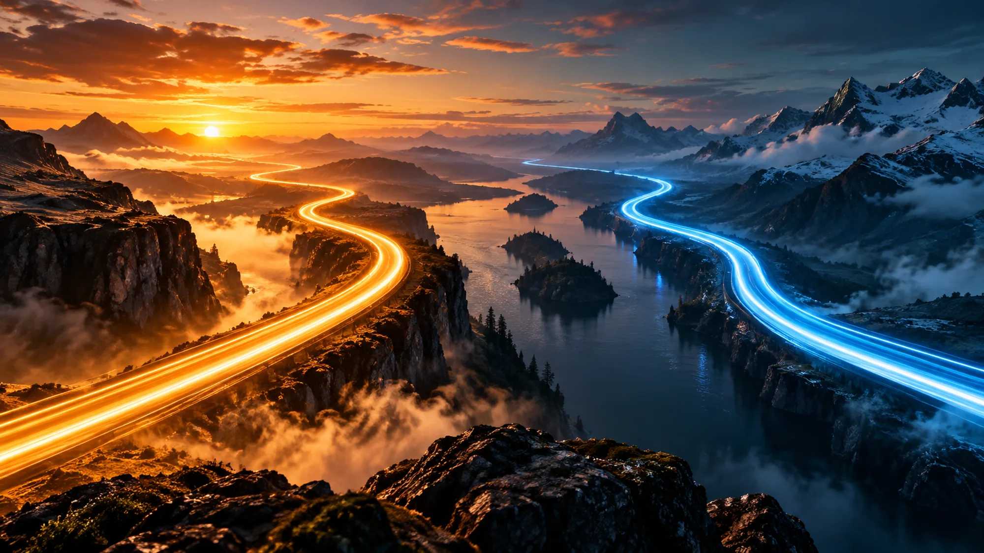 Two luminous paths, one amber and one blue, travel separately through a rugged mountain landscape at sunset.
