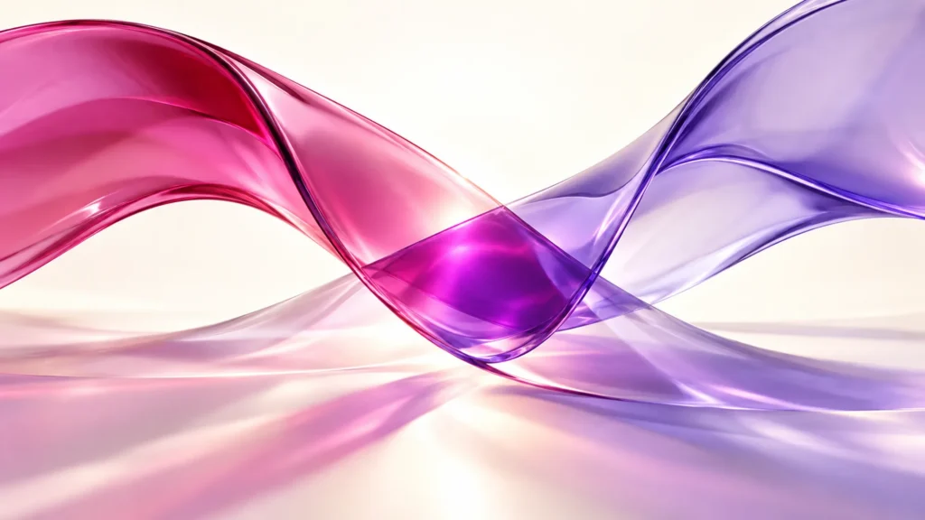 Translucent magenta and violet ribbons overlap against a bright cream background, creating deeper purple reflections where they cross.