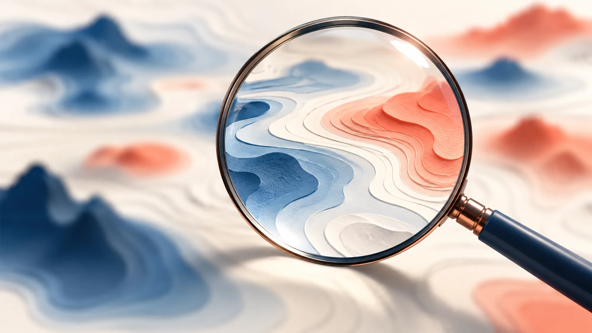 A magnifying glass enlarges blue, white and coral contour layers against a softly blurred background.
