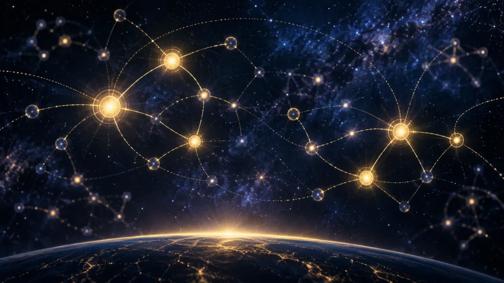 Golden and blue points connect through thin curved lines in an indigo star field above a glowing planetary horizon.
