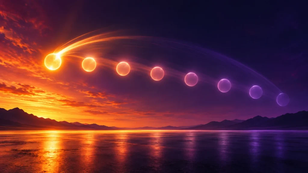 A luminous orange arc crosses a purple twilight sky through a sequence of fading glowing spheres above distant mountains.