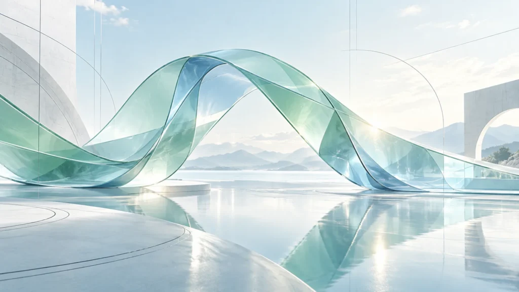 A pale mint and blue translucent ribbon curves like a broad architectural bridge above a white reflective surface and distant mountains.